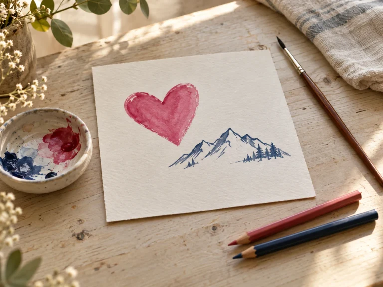 Ilustrační snímek tvorby vlastního motivu: malinové srdce a kresba hor na papíře.
