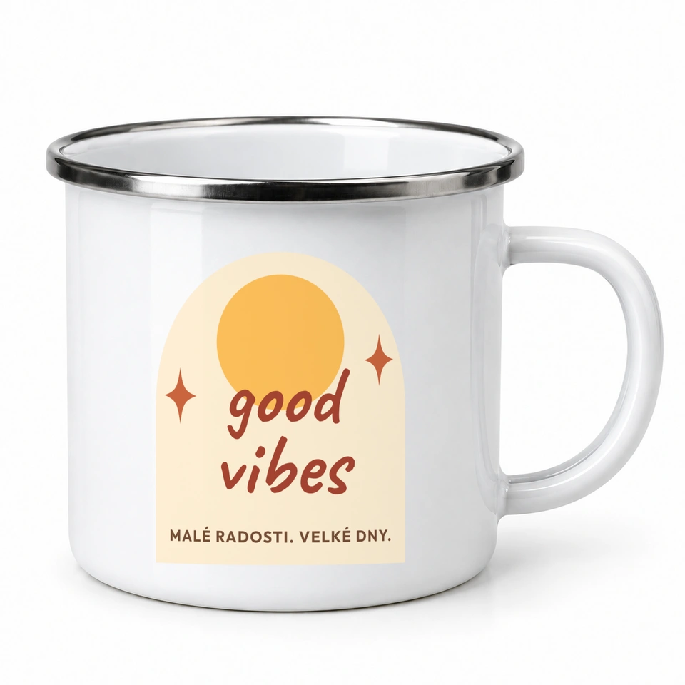 Plecháček smaltovaný bílý – Good vibes · retro slunce