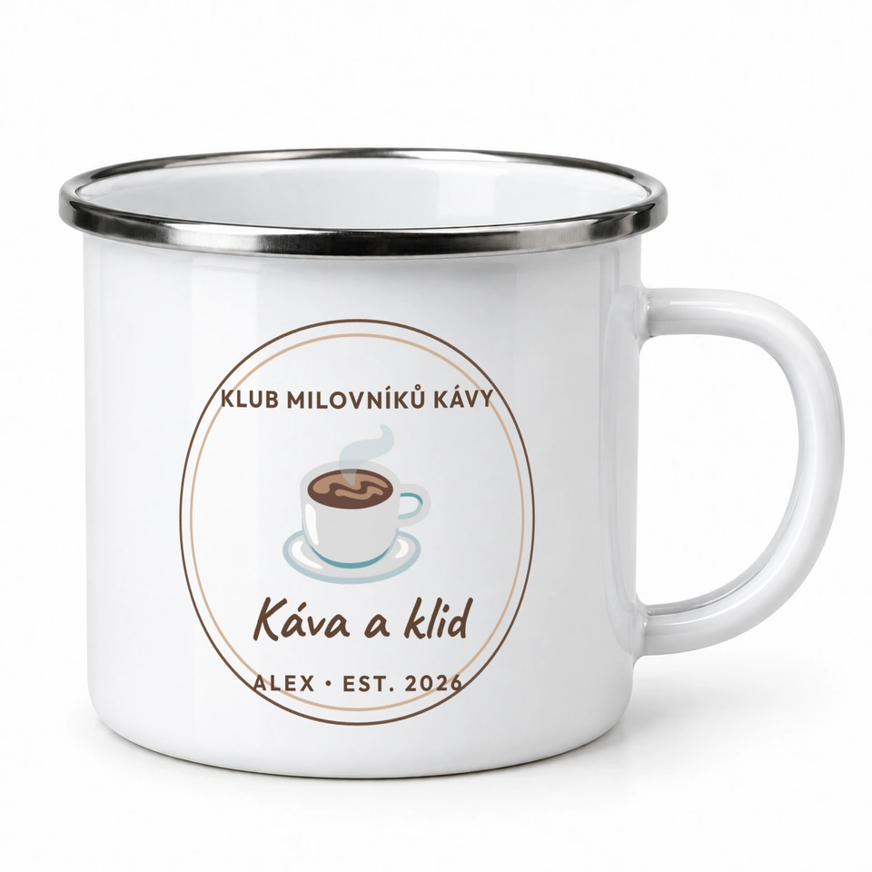 Plecháček smaltovaný bílý – Káva a klid · coffee club