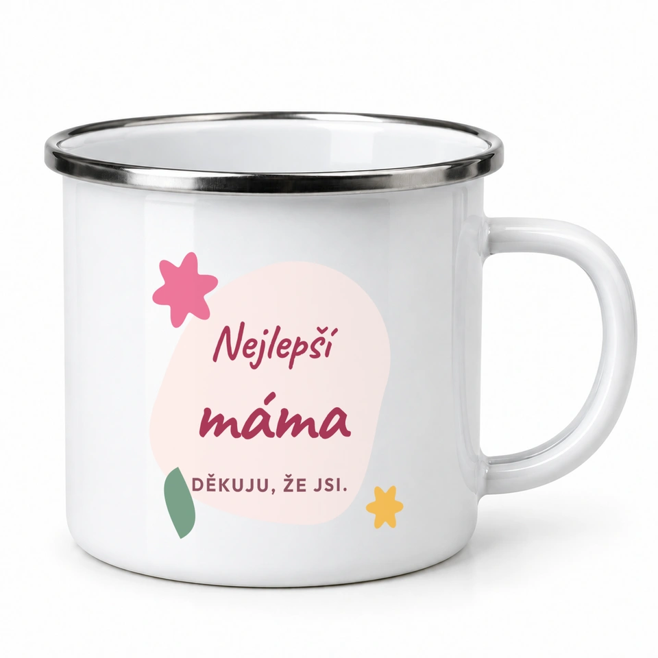 Plecháček smaltovaný bílý – Nejlepší máma · rozkvetlá