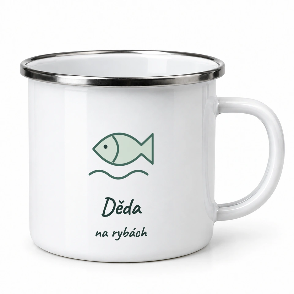 Plecháček smaltovaný bílý – Děda na rybách
