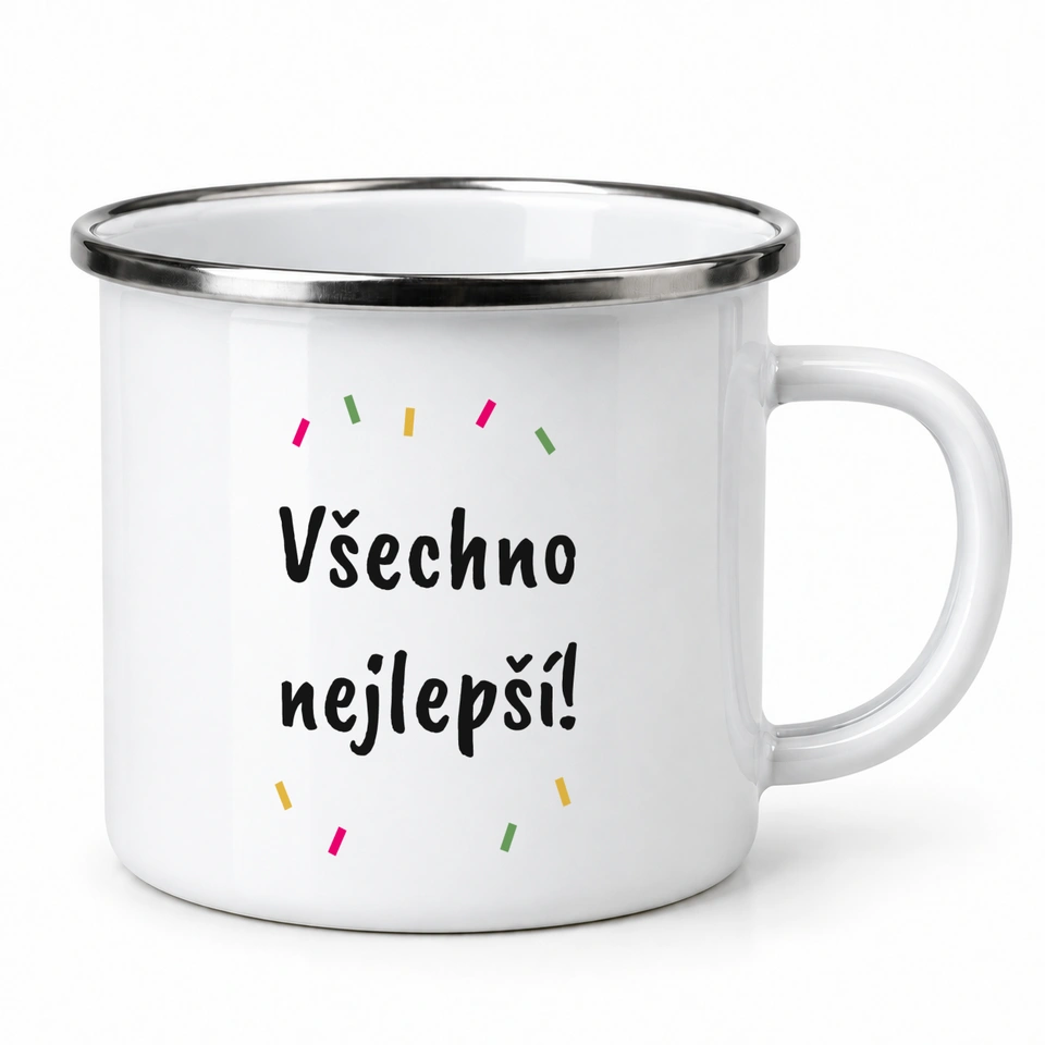 Plecháček smaltovaný bílý – Všechno nejlepší · konfety