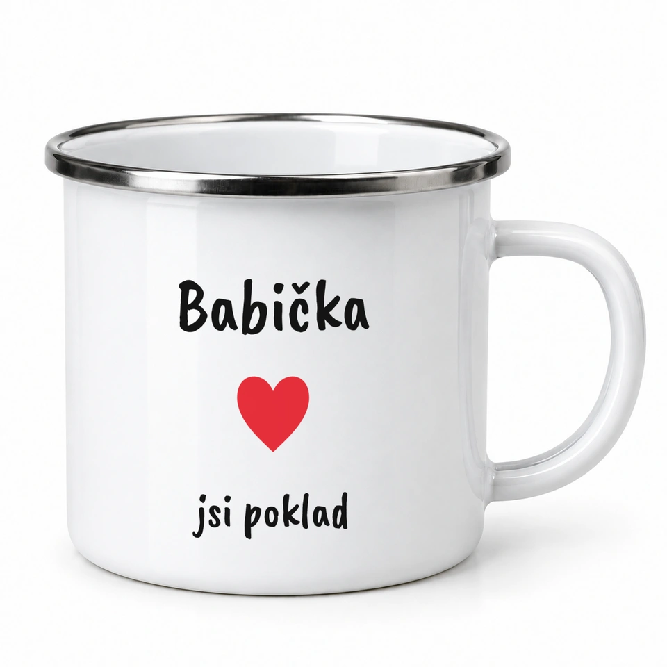 Plecháček smaltovaný bílý – Babička · jsi poklad