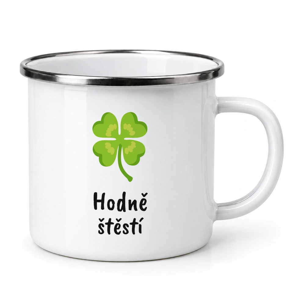 Plecháček smaltovaný bílý – Hodně štěstí · čtyřlístek