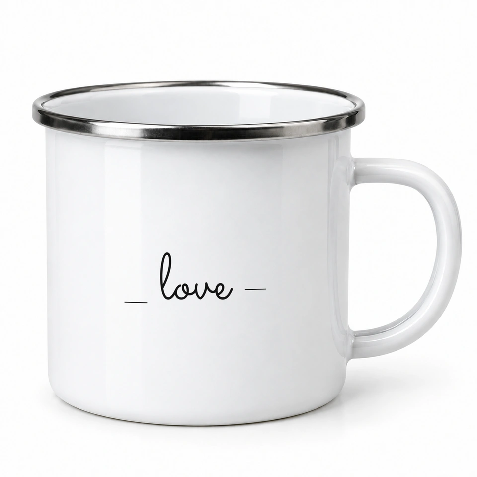 Plecháček smaltovaný bílý – Love · ruční písmo