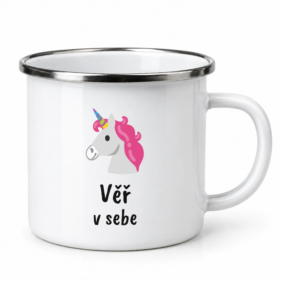 Plecháček smaltovaný bílý – Věř v sebe · jednorožec